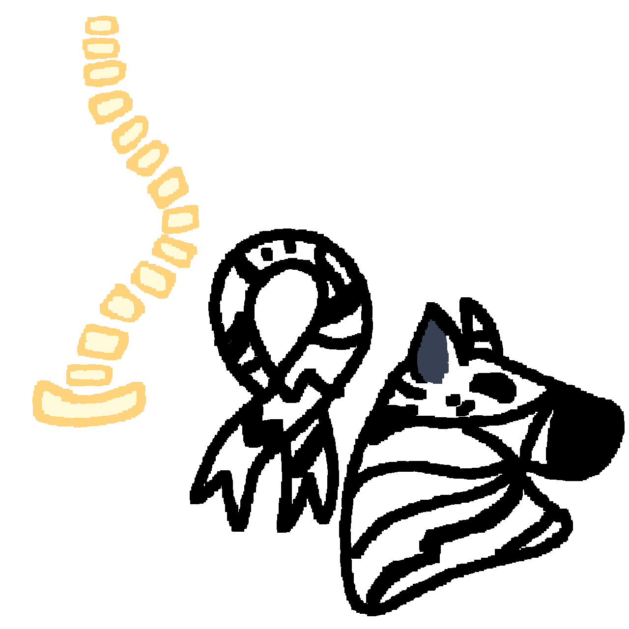 on the top is a curving vertebrae. on the bottom right corner is a white ribbon with black stripes next to the bust of a zebra, who has a white body with black stripes